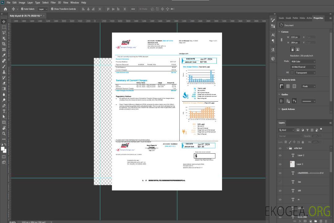 Modèle de facture de services publics d'entreprise USA California San Diego Gas & Electric (SDG&E) aux formats Word et PDF template